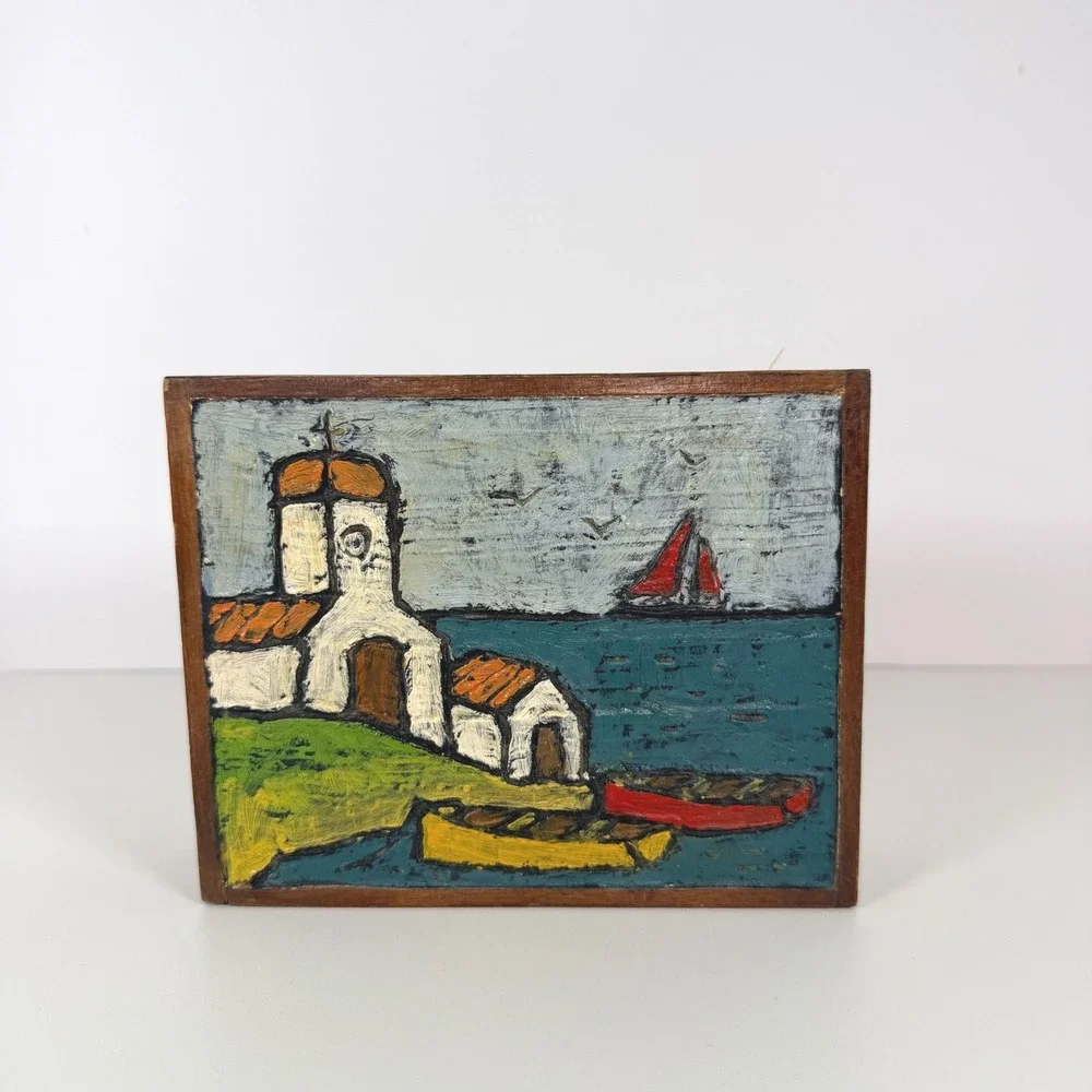 Hand Painted Wooden Trinket Box Coastal Village Scene Nautical Art vintage